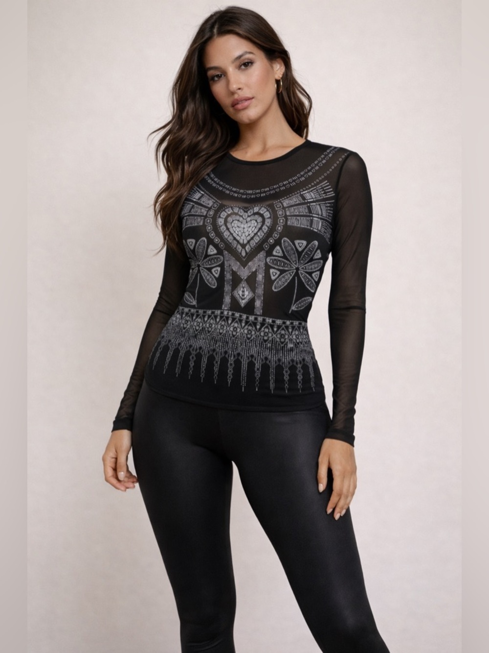 MorganDeToi Vintage Sheer Mesh Graphic Top Medium Black Long Sleeve
